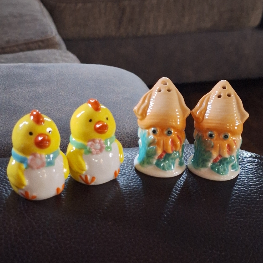 Ceramic Yellow Chick and Tan Squid Salt & Pepper Shaker Set - Home Accents